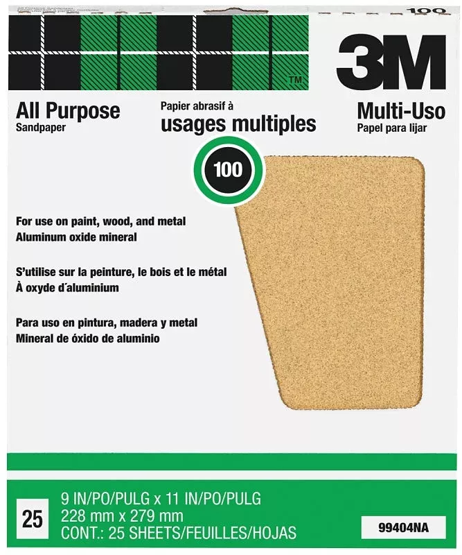3M 99404 Sandpaper Sheet, Tan, 11 in L, 9 in W, Medium, 100 Grit, Alum