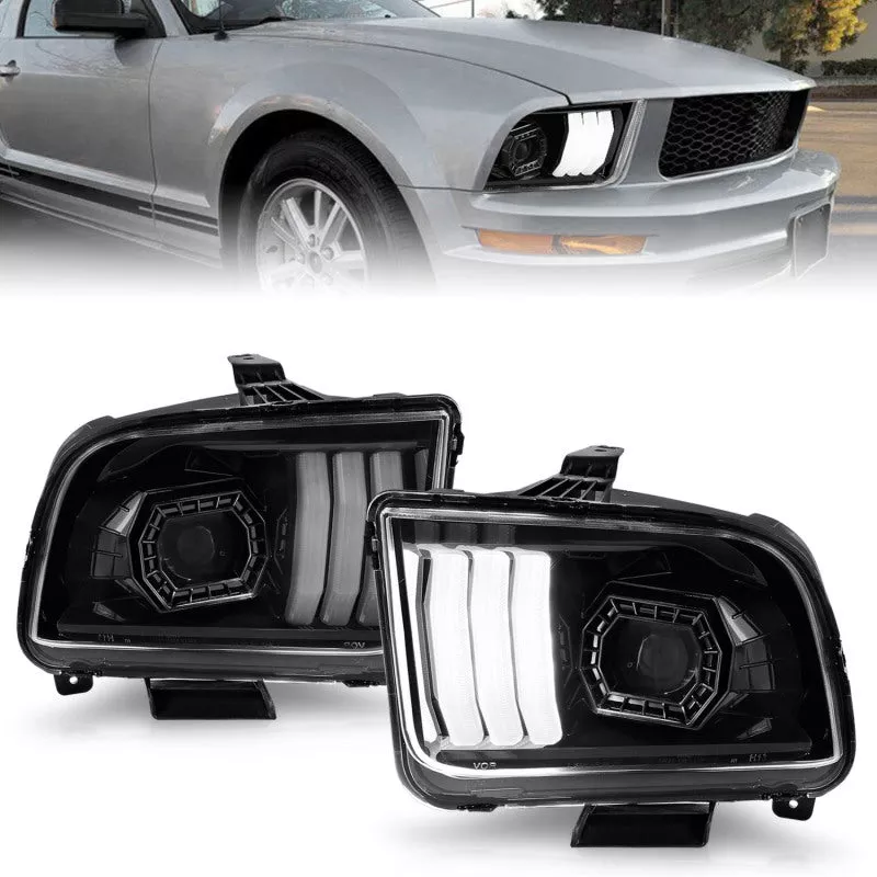ANZO 05-09 Ford Mustang (w/Factory Halogen HL Only) Projector Headlights w/Light Bar Chrome Housing
