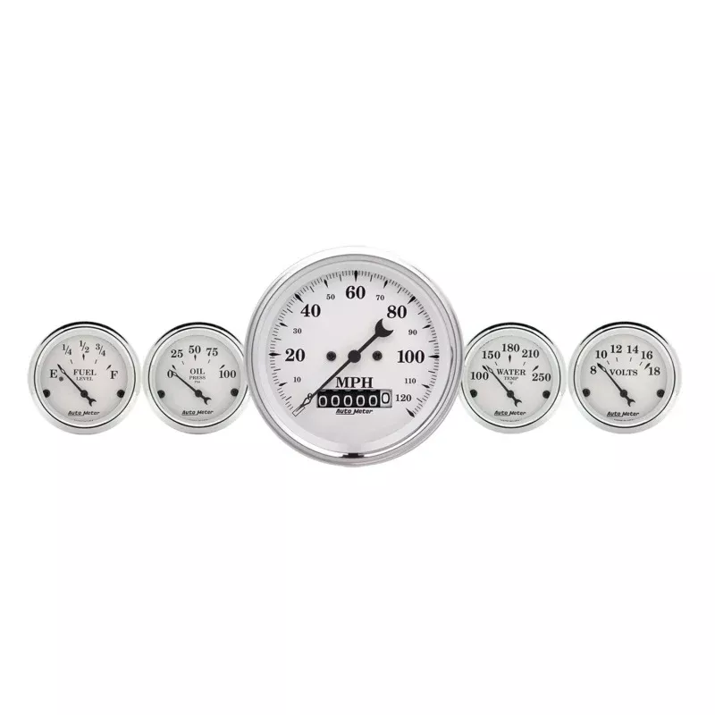 AutoMeter Gauge Kit 5 Pc. 3-3/8in. & 2-1/16in. Elec. Speedometer Old Tyme White