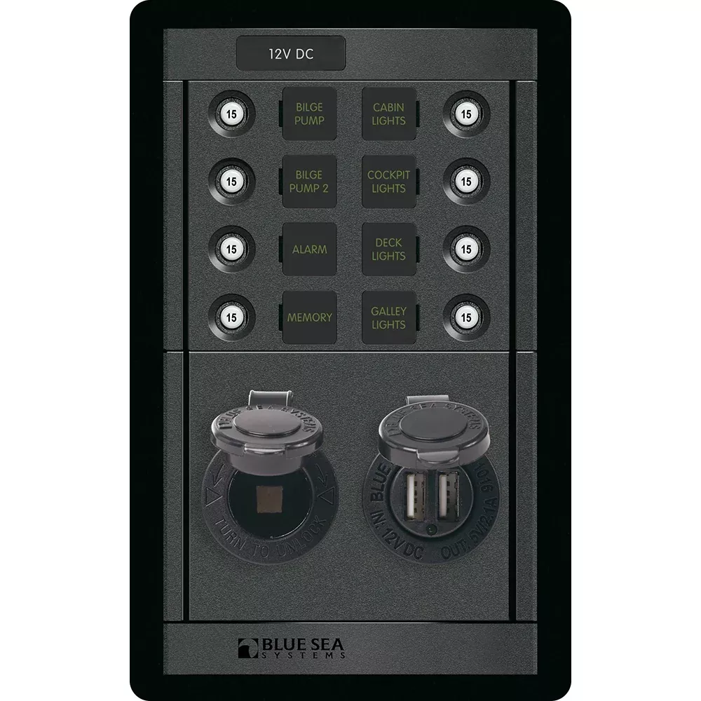 Blue Sea 1498 - 360 Panel - 8 Position 12V Panel w/Dual USB12V Socket [1498]