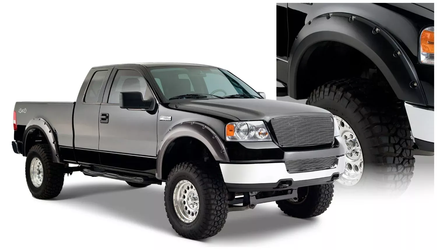 Bushwacker - 20916-02 - Fender Flare -20916-02 Black Pocket/Rivet Style Smooth Finish 4-Piece Fender Flare Set for 2004-2008 Ford F-150 - P/N: 20916-02