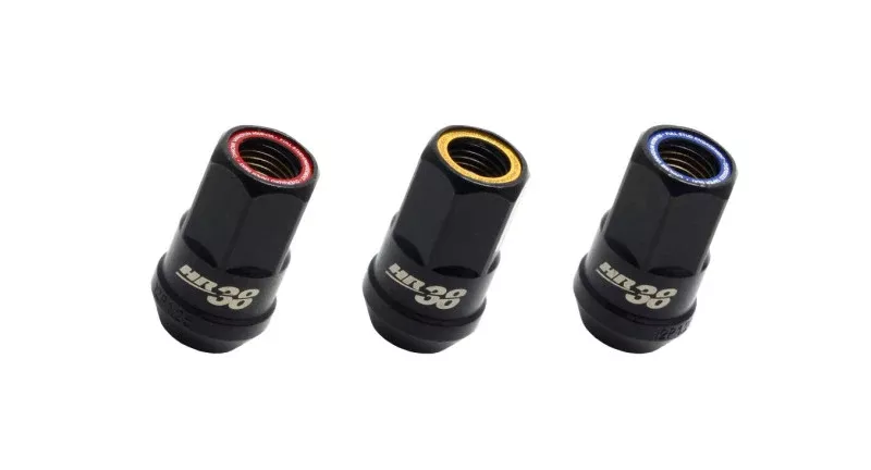 Muteki HR38 Open End Lug Nuts 12x1.25 Black Chrome / Yellow Ring