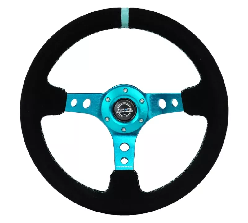 NRG Reinforced Steering Wheel (350mm/ 3in. Deep) Black Suede/ Teal Center Mark/ Teal Stitching