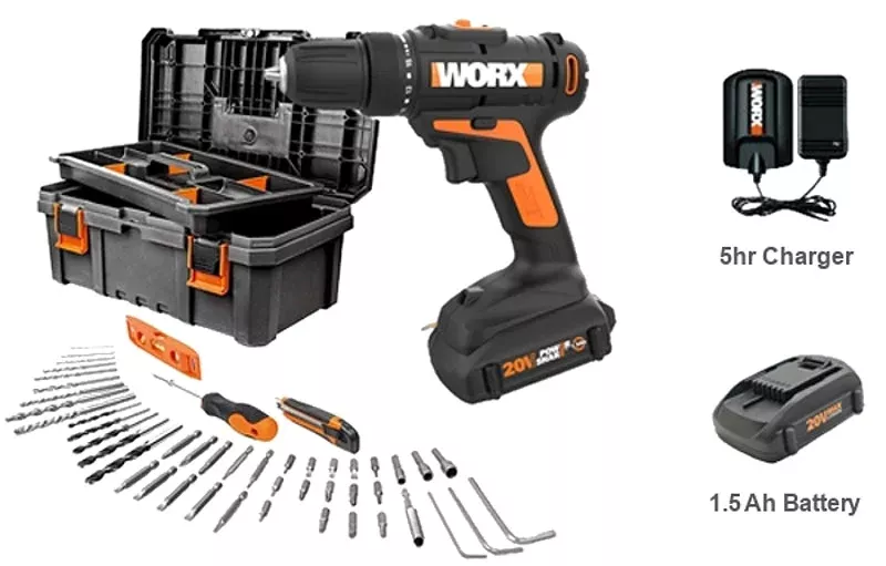 Worx WX101L.3 Drill/Driver, 3/8 in Chuck, Keyless Chuck, 1300 rpm Spee